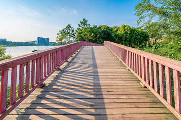 Wooden bridges and walkways in Meilan Lake Park, Shanghai, China