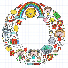 Time to adventure. Imagination creativity small children play nursery kindergarten preschool school kids drawing doodle icons pattern, play, study, learn with happy boys and girls Let's explore space.