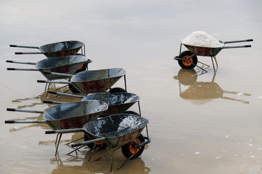 Wheelbarrows in Hon Khoi Salt fields, Nha Trang, Khanh Hoa Province, Vietnam