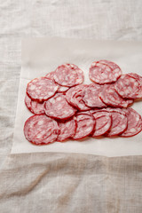 Sliced pork salami on white paper