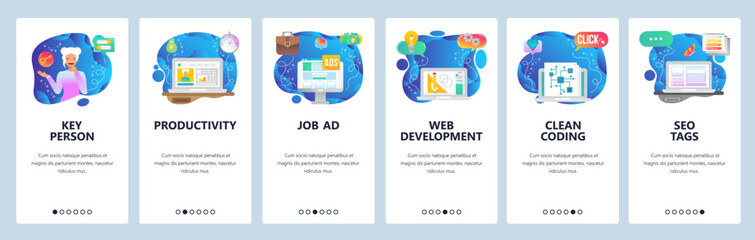 Mobile app onboarding screens. Project drawing, business management, job resume, seo tags, marketing. Menu vector banner template for website and mobile development. Web site design flat illustration