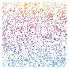 Vector illustration in cartoon style, active company of playful preschool kids jumping, at a party, birthday. Drawing by pen on squared notebook.