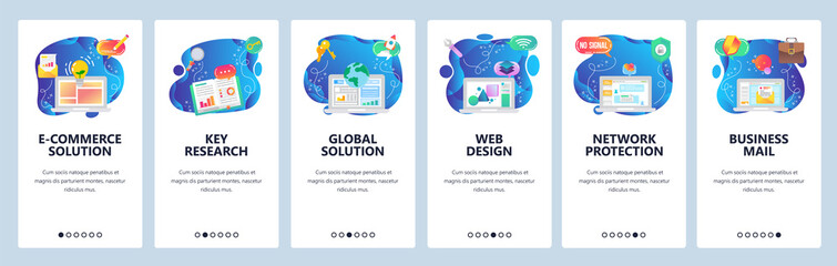 Mobile app onboarding screens. Business email, office technology, market research report, financial chart. Vector banner template for website and mobile development. Web site design flat illustration