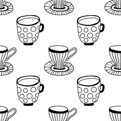 Black and white illustration of tea or coffee mugs. Seamless pattern for coloring book, page.
