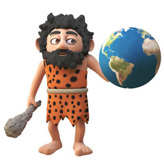 3d bearded cartoon caveman charater holding a club and a globe of the Earth, 3d illustration