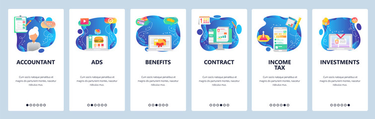Mobile app onboarding screens. Work pass, burger online, gift card, sign contract online. Menu vector banner template for website and mobile development. Web site design flat illustration
