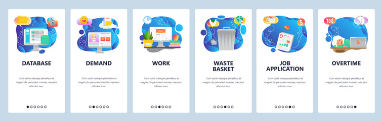 Mobile app onboarding screens. Overtime hours, office work place, waste bin, cloud storage database. Menu vector banner template for website and mobile development. Web site design flat illustration