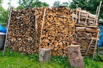 A firewood stacked in a pile, cut trunks. lying behind the house.