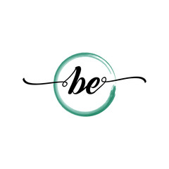 BE initial handwriting logo template round logo in watercolor color with handwritten letters in the middle. Handwritten logos are used for, weddings, fashion, jewelry, boutiques, flowers, and business
