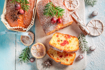 Traditionally Fruitcake for Christmas with orange and cranberry