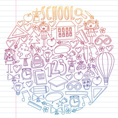 Vector set of Back to School icons in doodle style. Painted, colorful, pictures on a piece of paper on white background. Drawing on exercise notebook in gradient style.