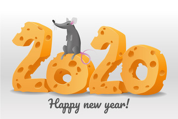 Realistic cheesy figures of the year 2020 with gray mouse siting on top. Vector elements for calendar, greeting cards and poster design.