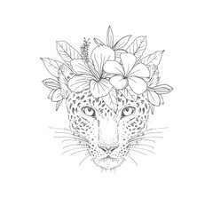 Cheetah with floral wreath hand drawn sketch. Wild feline animal face with exotic flowers on head black ink illustration. Spotted panther portrait engraving. Coloring book, postcard design element
