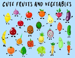 Big set of vegetables and fruits isolated. The characters are funny and cute. Products with eyes and smiles. Healthy food.