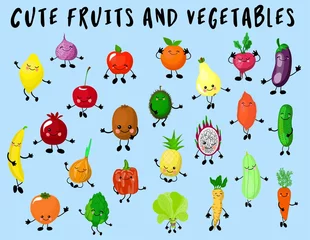 Fotobehang Big set of vegetables and fruits isolated. The characters are funny and cute. Products with eyes and smiles. Healthy food. © Анна Таранкова