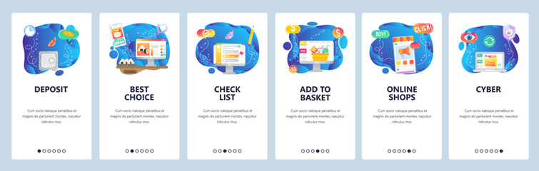Mobile app onboarding screens. Online shopping, order food online, sale promotion. Menu vector banner template for website and mobile development. Web site design flat illustration