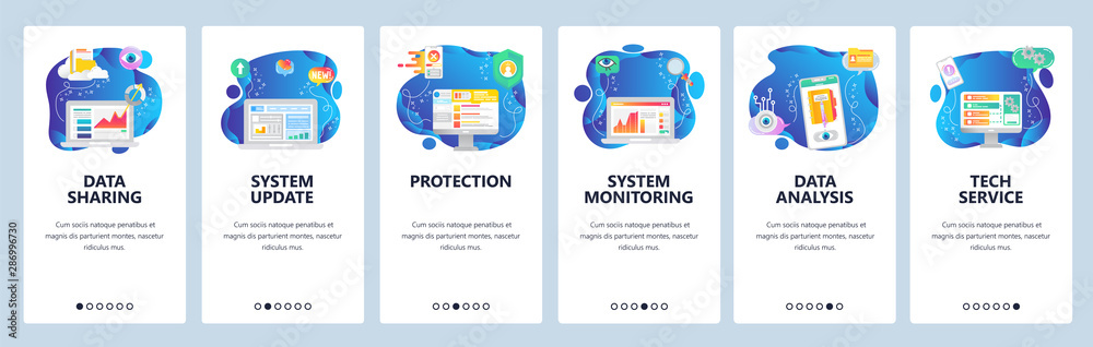 Poster mobile app onboarding screens. data security storage and sharing, system monitoring, data analysis. 
