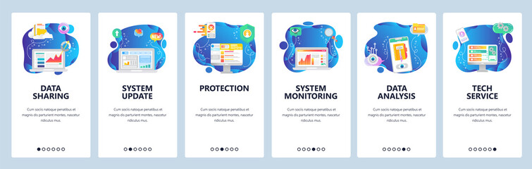 Mobile app onboarding screens. Data security storage and sharing, system monitoring, data analysis. Menu vector banner template for website and mobile development. Web site design flat illustration