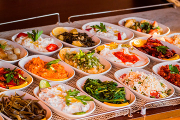 traditional turkish appetizers on table in evening sun light