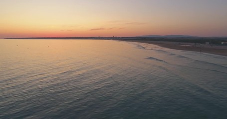 Aerial Sunset Seascape of Salgados Beach in Albufeira, Algarve, Portugal.