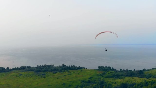 A paraplane and a bird are floating above the ground