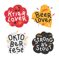 Handdrawn flat illustrations with background. Handwritten lettering for oktoberfest. Good for poster, sticker or t-shirt print for beer festifal. Beer and kriek lambic lover quote with doodles.