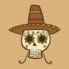 Mexican sugar skull colored wearing a hat