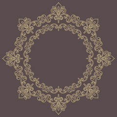 Oriental vector round yellow pattern with arabesques and floral elements. Traditional classic ornament. Vintage pattern with arabesques