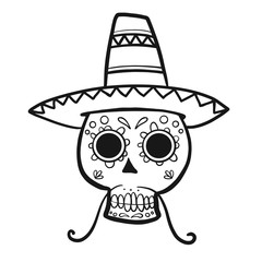 White Sugar Skull with floral ornament wearing hat