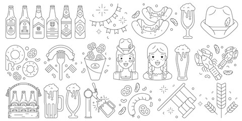Linear icon collection for oktoberfest celebration. Beer festival symbols, sych as mugs, bottles, pretzel, sausage. German octoberfest waitress character, trendy flat design vector illustrations set.