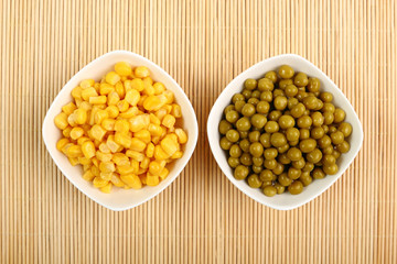 canned corn and green peas in a bowl