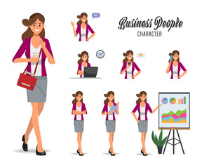 Businesswoman in job and lifestyle daily routine character set.