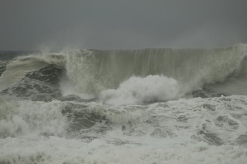 Fototapeta premium Surfing the waves on the beach of Matosinhos in Porto, Portugal. August 2019