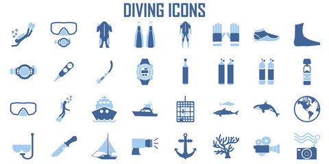 Scuba diving, snorkeling elements - minimal flat web icon set. flat icons collection. Simple mono symbol vector illustration. Blue tone color.