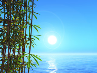 3D bamboo against an ocean landscape