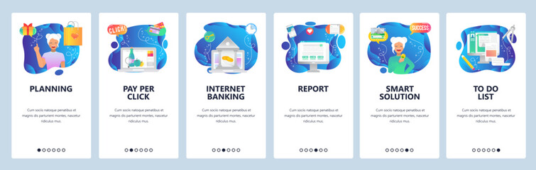 Mobile app onboarding screens. Todo list, smart solution, online banking, computer report. Menu vector banner template for website and mobile development. Web site design flat illustration