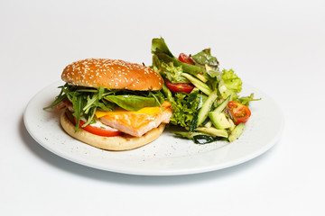 burger with salmon and vegetables