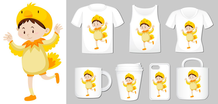 Graphic of kid in chicken costume on different types of product template