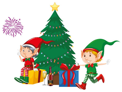 Two elves and presents by the christmas tree