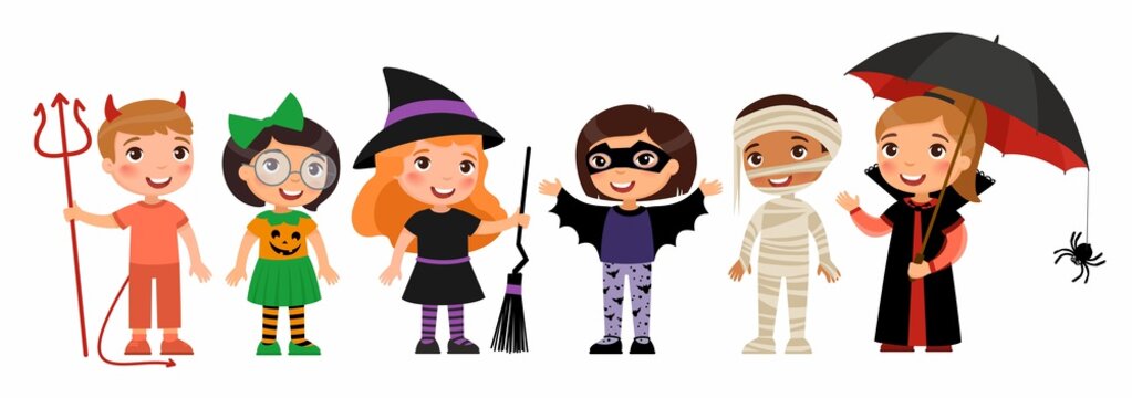 Boys and girls in scary monsters costumes flat vector characters set. Children in devil, pumpkin, witch, bat,  mummy and vampire outfits cartoon illustrations. Halloween party stickers pack