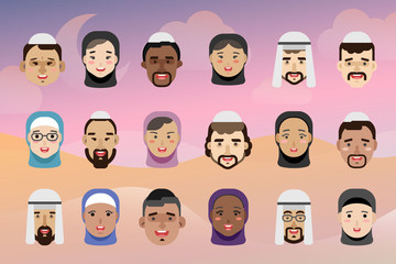 Collection of vector face character illustrations of muslim people of different nationalities and age. Arabian men and women, isolated avatars, people wearing head scarf, hijab, cute smiling user pics