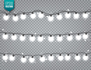 Christmas Festive Lights. Decorative Glowing Garland Isolated on Transparent Background. Shiny Colorful Decoration for New Year Holidays.