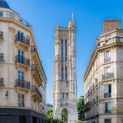 Fototapeta na wymiar Paris, the Saint-Jacques tower, view from a typical street in the center
