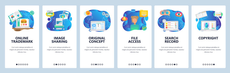 Mobile app onboarding screens. Digital marketing, photo sharing and printing, search records. Menu vector banner template for website and mobile development. Web site design flat illustration