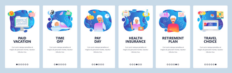 Mobile app onboarding screens. Health insurance, retirement plan, time to sleep, flight vacation. Menu vector banner template for website and mobile development. Web site design flat illustration