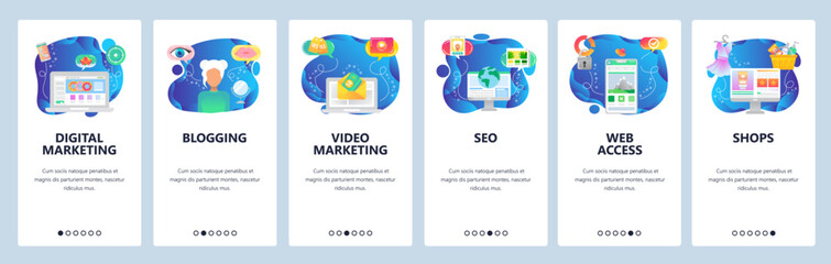 Mobile app onboarding screens. Digital marketing, blogging, video and email marketing, online shopping. Vector banner template for website and mobile development. Web site design flat illustration