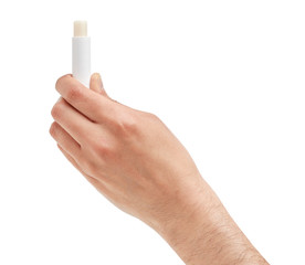 Man hand holding a lip balm isolated on a white background