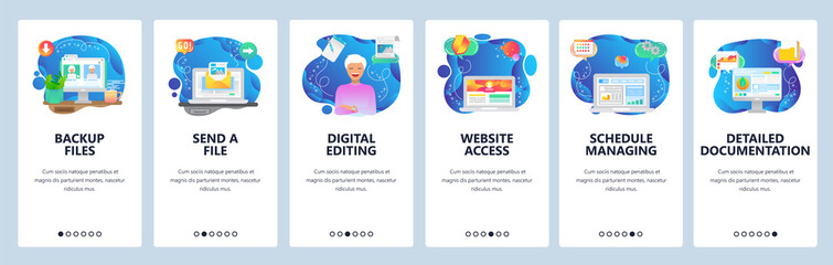 Mobile app onboarding screens. Office computer, files backup, business dashboard, send email. Menu vector banner template for website and mobile development. Web site design flat illustration