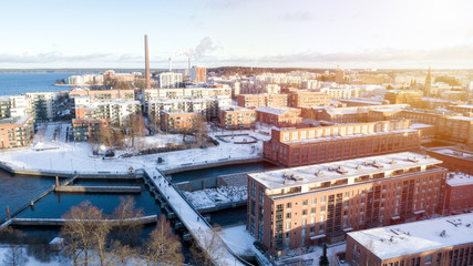 Winter in Finland. Beautiful city Tampere at sunset. View from aobve.