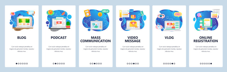 Mobile app onboarding screens. Online blog and vlog, video streaming, podcast and tv news. Menu vector banner template for website and mobile development. Web site design flat illustration